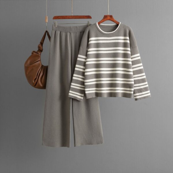 Striped Sweater Set Autumn And Winter 2024 New Loose Fashion Casual Wide-Leg Pants Knitted Two-Piece Set - Image 4