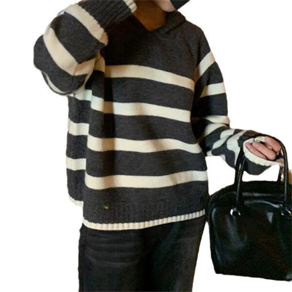 Retro Striped Hooded Sweater Women'S Autumn And Winter Lazy Wind Long-Sleeved Contrasting Color Knitted Sweater - Image 5