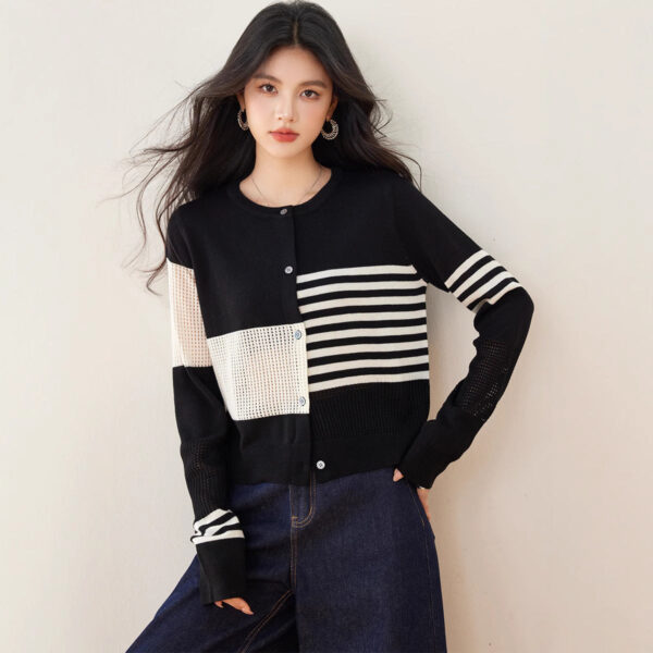 Spring New Korean Lazy Niche Irregular Hollow Texture Striped Crew Neck Cardigan Knitted Top Women - Image 4