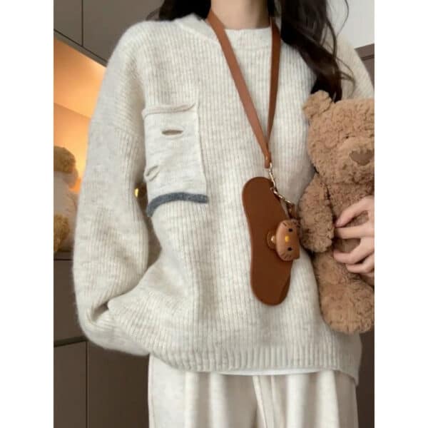 Crew Neck Lazy Wind Women'S Autumn And Winter New Wear Design Sense Knitted Sweater Loose Top Tide - Image 4