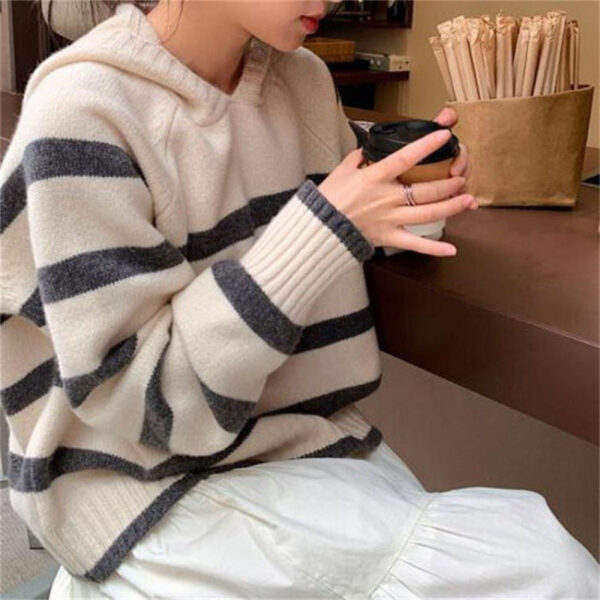 Retro Striped Hooded Sweater Women'S Autumn And Winter Lazy Wind Long-Sleeved Contrasting Color Knitted Sweater - Image 2