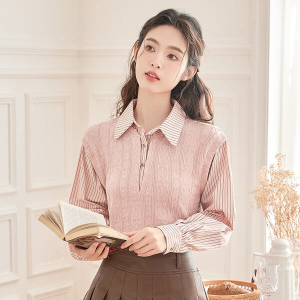 Spring New Sweet Fake Two-Piece Contrasting Striped Long-Sleeved Shirt Women'S Design Sense Splicing Knitted Top - Image 2