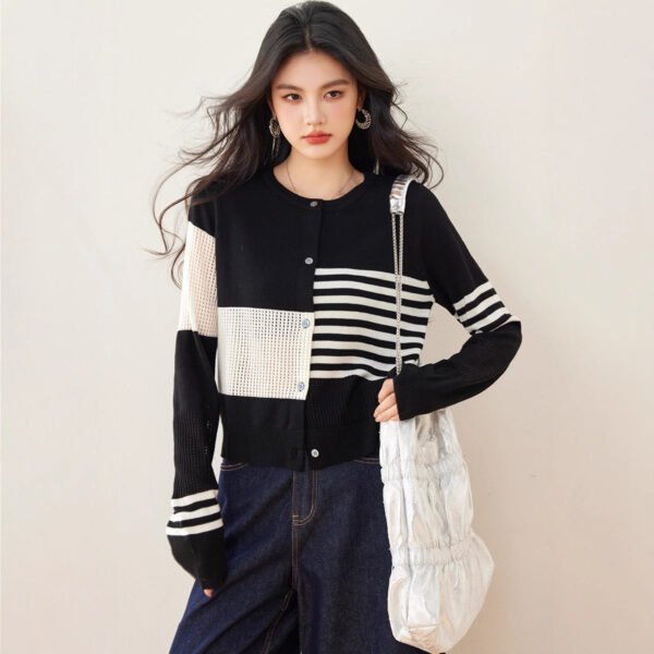 Spring New Korean Lazy Niche Irregular Hollow Texture Striped Crew Neck Cardigan Knitted Top Women - Image 3