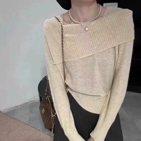 Irregular One-Word Shoulder Knitted Bottoming Shirt For Women'S Autumn And Winter Inner Sweater Long-Sleeved Top For Women - Image 3