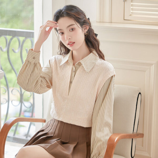 Spring New Sweet Fake Two-Piece Contrasting Striped Long-Sleeved Shirt Women'S Design Sense Splicing Knitted Top - Image 5