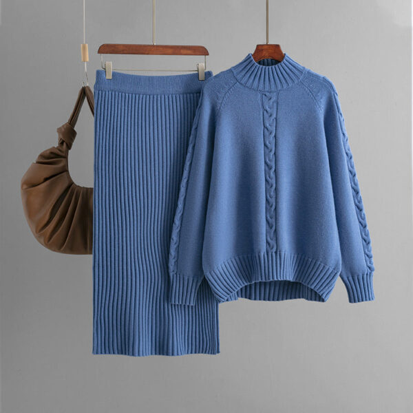 Winter New Sweater Women'S Loose Knitted Semi-Turtleneck Long-Sleeved Threaded Fashion Skirt Set - Image 4