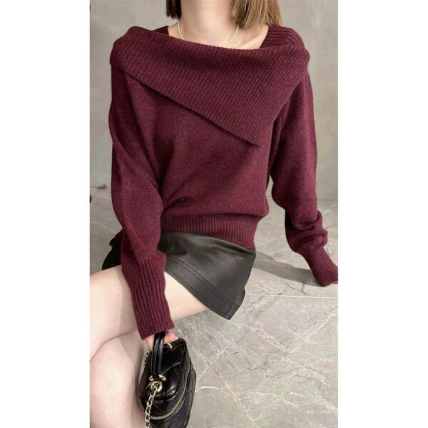 Irregular One-Word Shoulder Knitted Bottoming Shirt For Women'S Autumn And Winter Inner Sweater Long-Sleeved Top For Women - Image 8