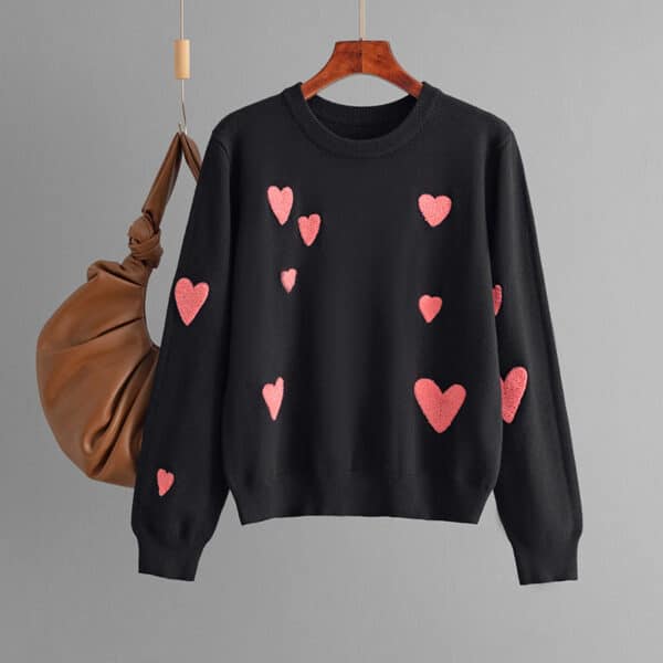 2024 Autumn And Winter New Love Flocking Embroidery Round Neck Long Sleeve Knitted Sweater Pullover Bottoming Shirt Top Women - Image 2