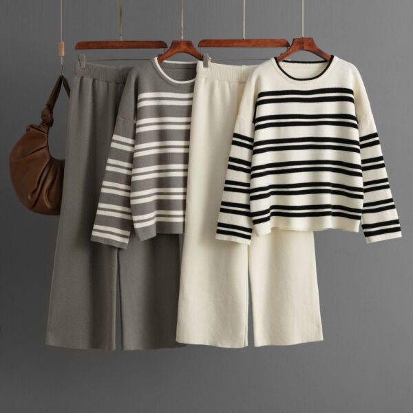 Striped Sweater Set Autumn And Winter 2024 New Loose Fashion Casual Wide-Leg Pants Knitted Two-Piece Set
