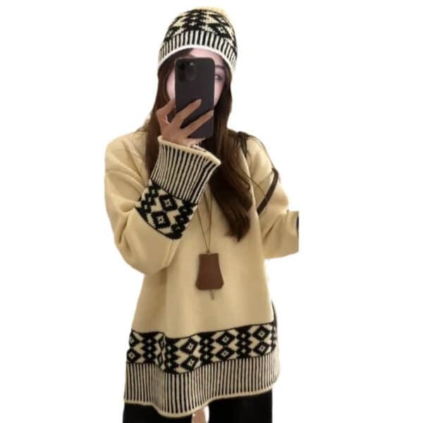 Retro Jacquard Knitted Sweater For Autumn And Winter Wear With Lazy Sweater Loose Top With Cap Set - Image 5