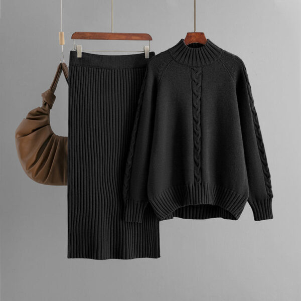Winter New Sweater Women'S Loose Knitted Semi-Turtleneck Long-Sleeved Threaded Fashion Skirt Set - Image 2