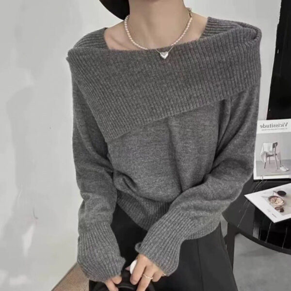 Irregular One-Word Shoulder Knitted Bottoming Shirt For Women'S Autumn And Winter Inner Sweater Long-Sleeved Top For Women - Image 2