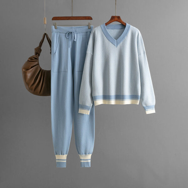 Autumn And Winter New Sweater Set Knitted Striped V-Neck Large Size Loose Long-Sleeved Commuter Two-Piece Set - Image 6