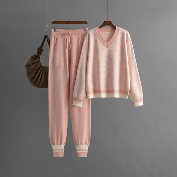 Autumn And Winter New Sweater Set Knitted Striped V-Neck Large Size Loose Long-Sleeved Commuter Two-Piece Set - Image 7