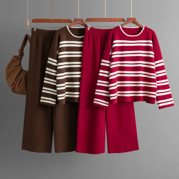 Striped Sweater Set Autumn And Winter 2024 New Loose Fashion Casual Wide-Leg Pants Knitted Two-Piece Set - Image 2