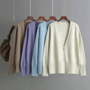2024 autumn and winter new V-neck knitted cardigan solid color loose sweater jacket top