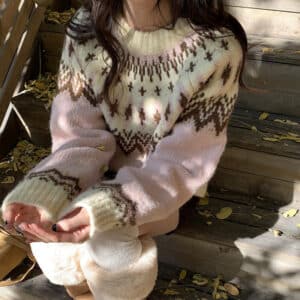 Pink Jacquard Sweater for Women's Autumn and Winter New Age-reducing College Style Pullover for Women