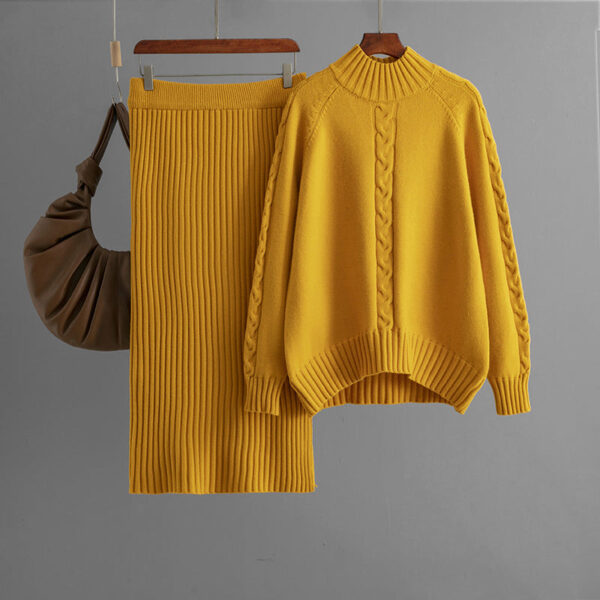 Winter New Sweater Women'S Loose Knitted Semi-Turtleneck Long-Sleeved Threaded Fashion Skirt Set - Image 7