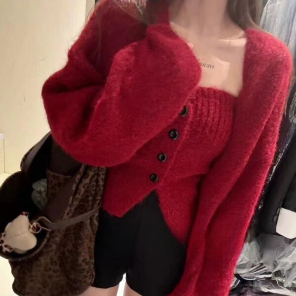 Sexy Tube Top Cardigan Women'S Autumn And Winter New Gentle Soft Waxy Lazy Wind Sweater-2 Pcs Set - Image 8