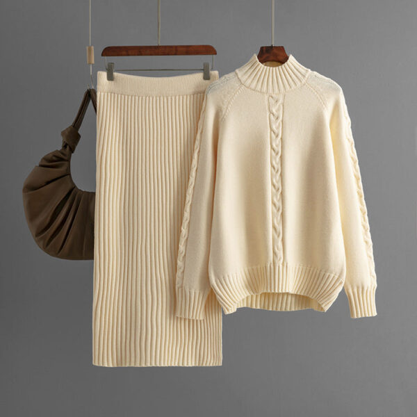 Winter New Sweater Women'S Loose Knitted Semi-Turtleneck Long-Sleeved Threaded Fashion Skirt Set - Image 6