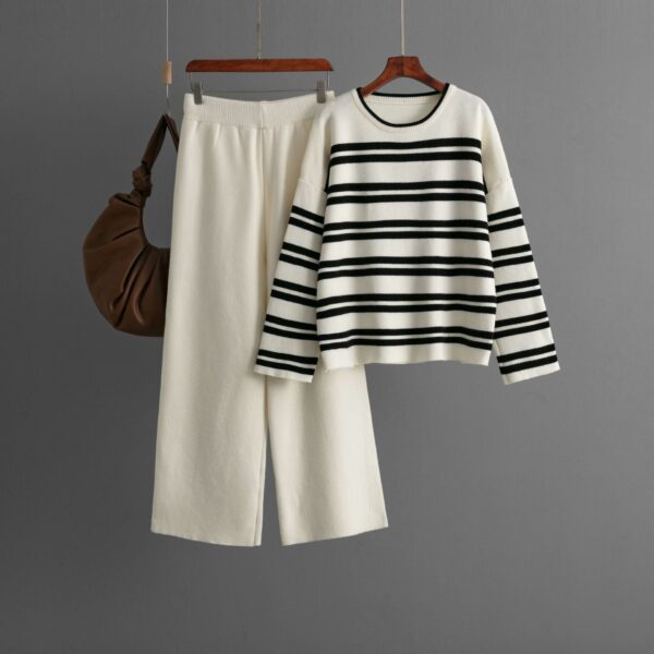 Striped Sweater Set Autumn And Winter 2024 New Loose Fashion Casual Wide-Leg Pants Knitted Two-Piece Set - Image 8