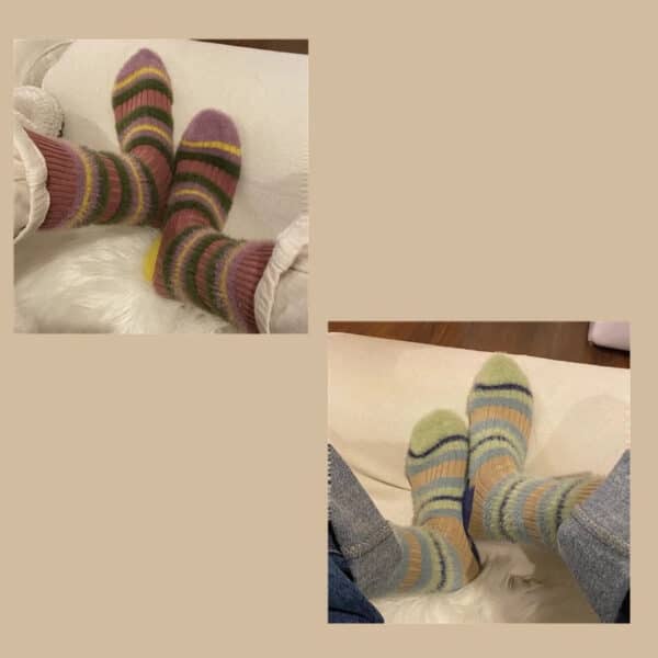 5Prs-Thick Stripes Color Matching Contrasting Imitation Mink Fluffy Socks Sweet Warm Women'S Mid-Tube Socks - Image 6