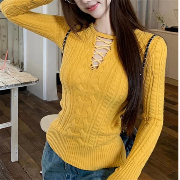 Autumn And Winter New Retro Design Long-Sleeved Knitted Sweater Slim And Thin Fashion Hollow Bottom Top Women'S Clothing - Image 11