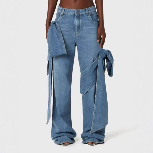 Women'S Patch Pocket Jeans High Waist And Butterfly Tie Design Street Casual Style Solid Color Wide Leg Pants - Image 2