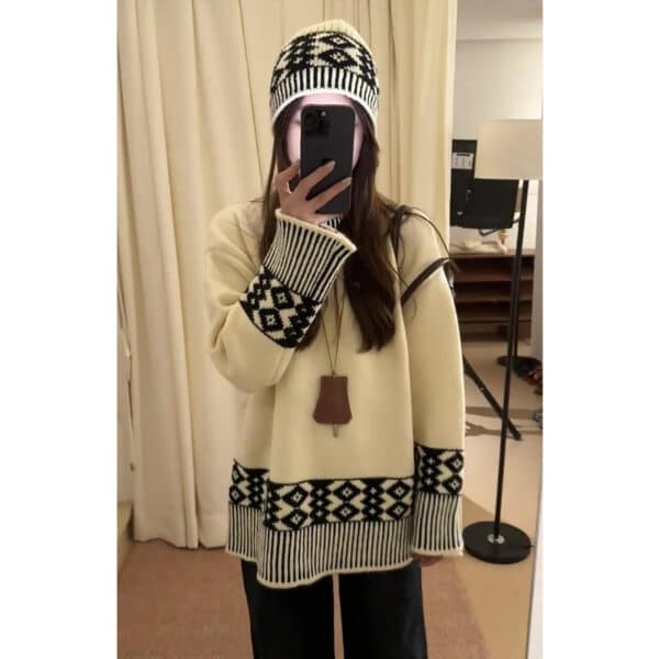 Retro Jacquard Knitted Sweater For Autumn And Winter Wear With Lazy Sweater Loose Top With Cap Set - Image 2