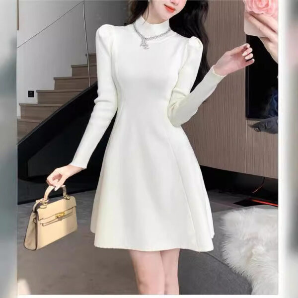 Semi-Turtleneck Bubble Sleeves Gentle Wind Temperament Knitted Dress Autumn Spring New Bottom A-Word Sweater Skirt - Image 3