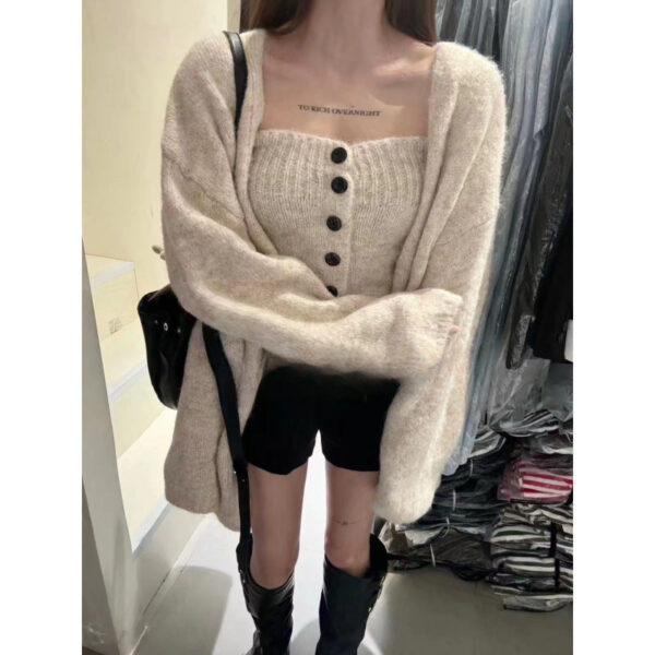 Sexy Tube Top Cardigan Women'S Autumn And Winter New Gentle Soft Waxy Lazy Wind Sweater-2 Pcs Set - Image 2