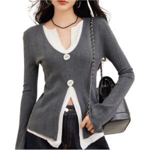 Early Spring New Fake Two Pieces Contrasting Color Design V-neck Irregular Waist Thin Knitted Top Women