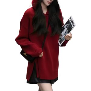 Hooded Hem Split Soft Waxy Knitted Sweater New Medium and Long Loose Pullover Red Sweater