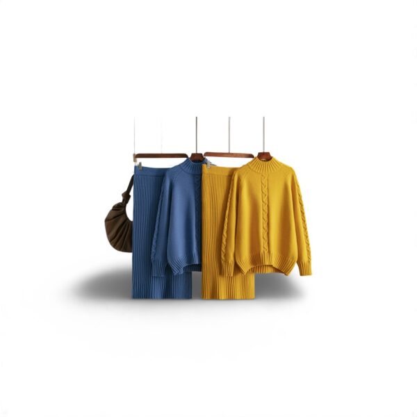 Winter New Sweater Women'S Loose Knitted Semi-Turtleneck Long-Sleeved Threaded Fashion Skirt Set