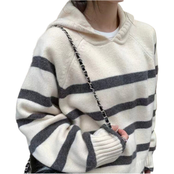 Retro Striped Hooded Sweater Women'S Autumn And Winter Lazy Wind Long-Sleeved Contrasting Color Knitted Sweater